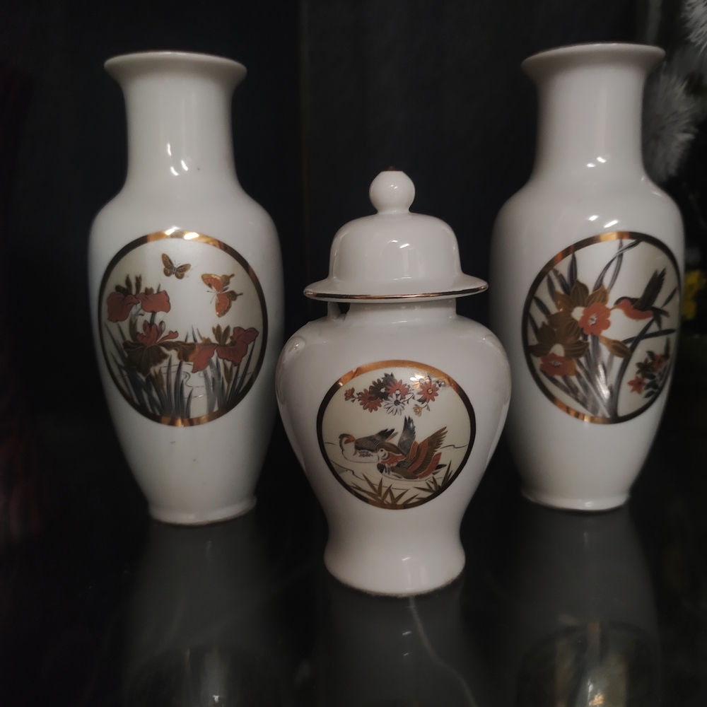 White Porcelain Vase & Covered Jar Set with Gold and Burnt Orange Floral Motifs